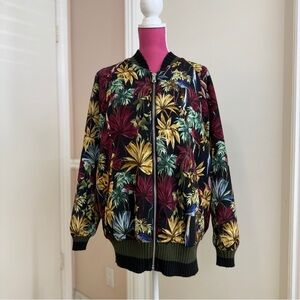 Zara Women's Basic Black Floral Tropical Bird Print Bomber Jacket, Lined, Size S